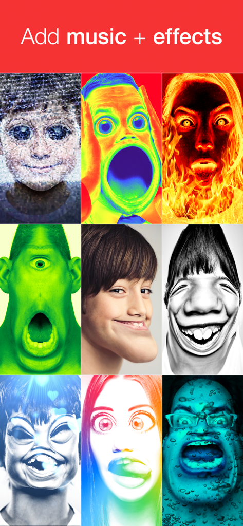 LOL Movie - Una cuadrícula de nueve ejemplos que muestran varios filtros de distorsión facial y efectos de vídeo divertidos