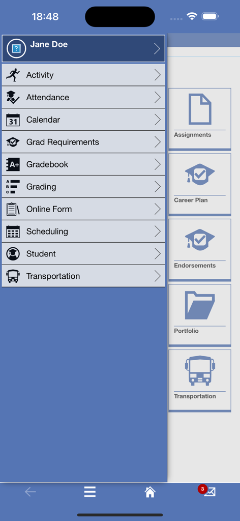 Skyward Mobile Access - A navigation menu in the Skyward Mobile Access app showing options for grades, attendance, and student schedules.