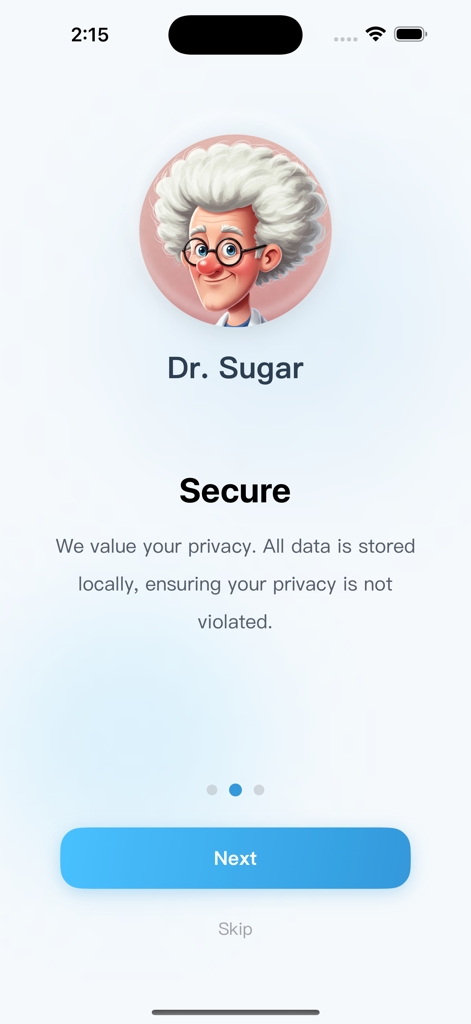 Dr. Sugar app onboarding screen emphasizing secure local data storage and user privacy