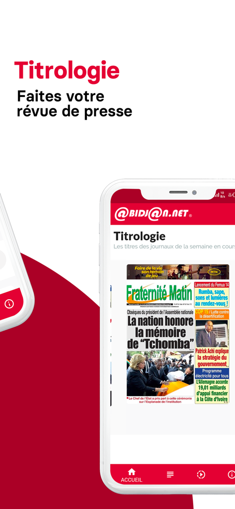 Screenshot of the Abidjan.net app showing the Titrologie section for daily press reviews in Ivory Coast