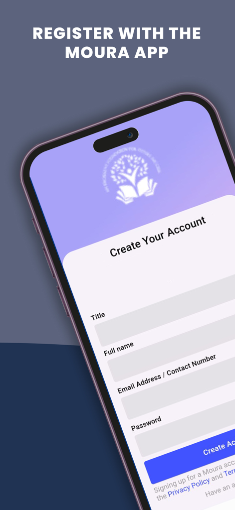 Moura Education - Moura Educationアプリの登録画面。アカウント作成フォームが表示されています。