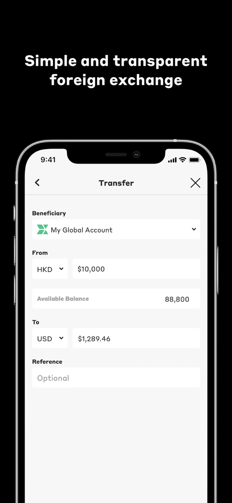 Currenxie Global Account - Interface do aplicativo móvel mostrando uma transferência de câmbio simples e transparente entre HKD e USD.