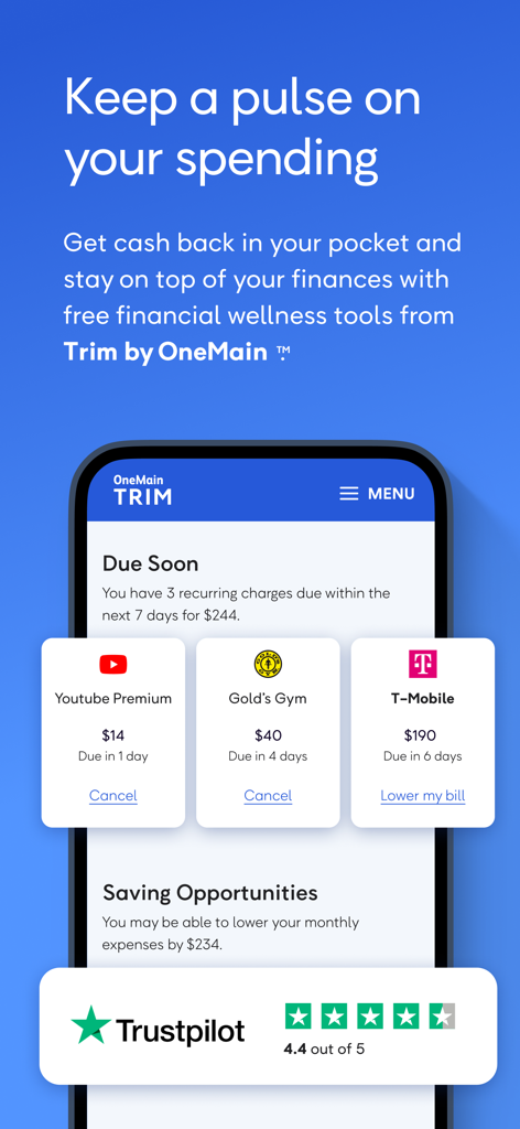 OneMain Financial app screen displaying the Trim tool for managing recurring charges and subscription savings