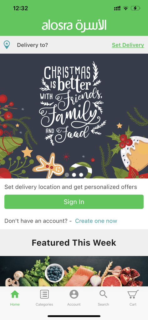Alosra - Alosra app home screen displaying holiday promotions and featured fresh groceries