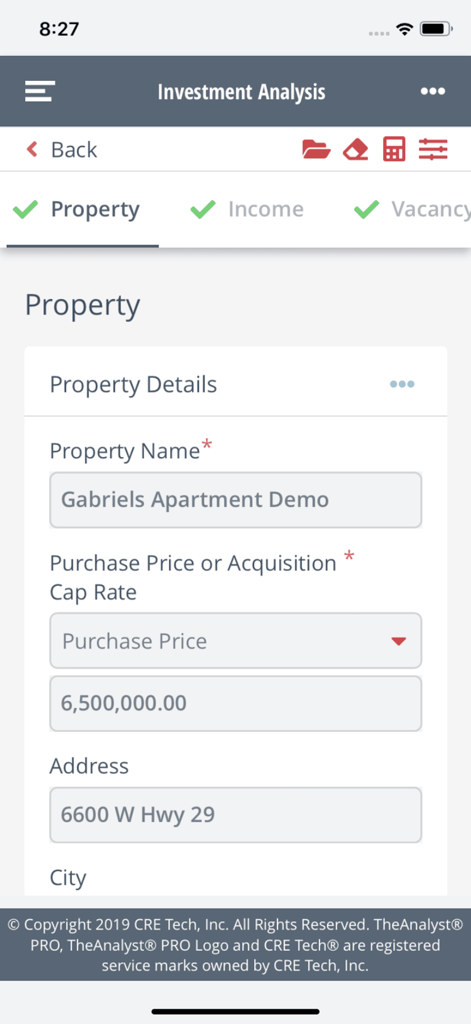 TheAnalyst® PRO - Investment analysis property details screen in the analyst pro app showing purchase price and address fields