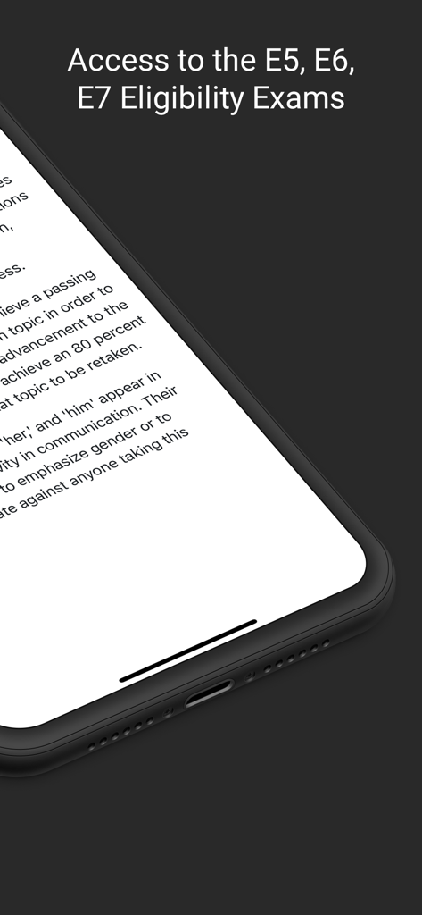 Smartphone screen displaying access to E5 E6 and E7 eligibility exams in the PMK-EE app