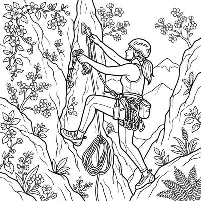 Embrace the thrill of the climb and the beauty of spring with this engaging coloring page. Witness a lead climber in action, surrounded by blossoming flora and rugged mountain scenery.