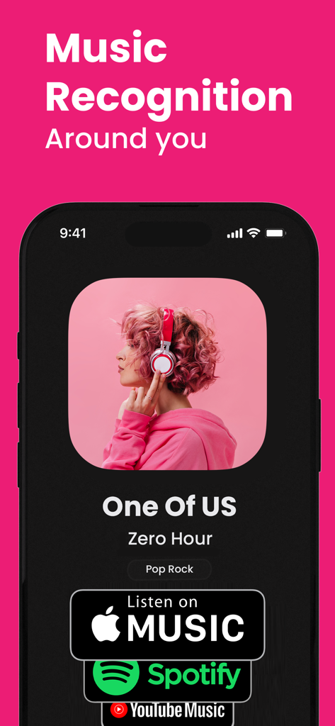 Song Finder: Music Recognition - Captura de pantalla de la aplicación Song Finder que muestra una canción reconocida con enlaces para escuchar en Apple Music, Spotify y YouTube Music.