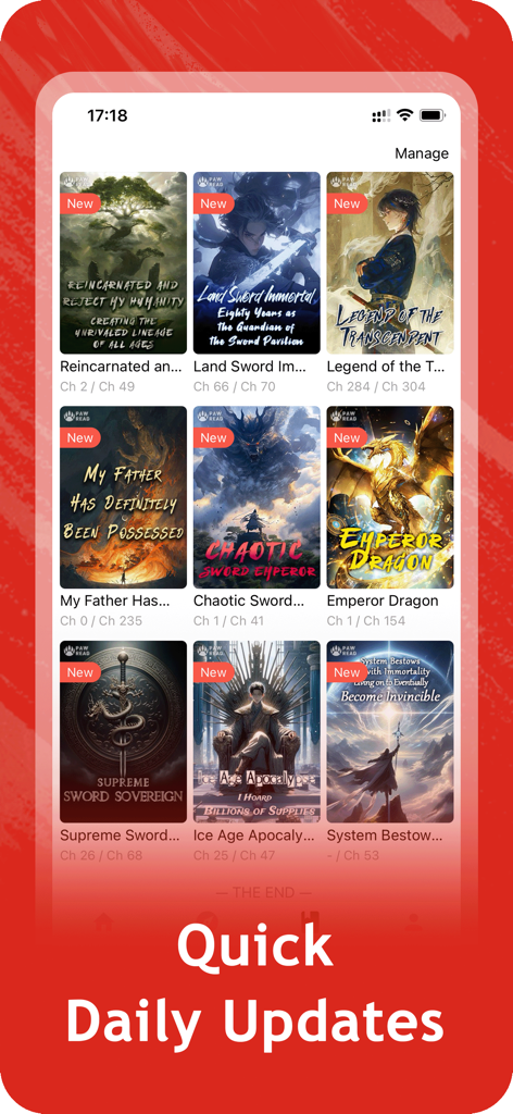 PawRead - Read Fantasy Novels - Interfaz de la aplicación PawRead que muestra una cuadrícula de portadas de novelas web de fantasía con un banner que destaca las rápidas actualizaciones diarias.