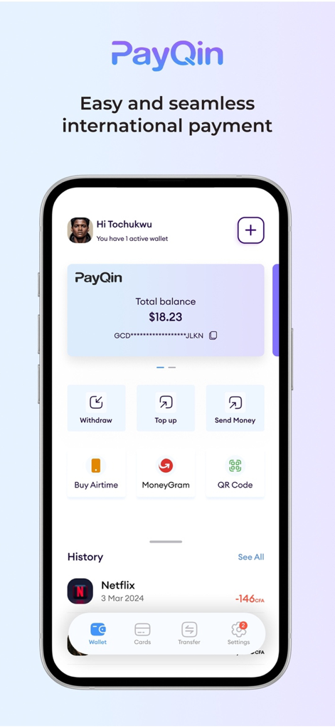 PayQin mobile app dashboard showing account balance and options for international money transfers and wallet top ups