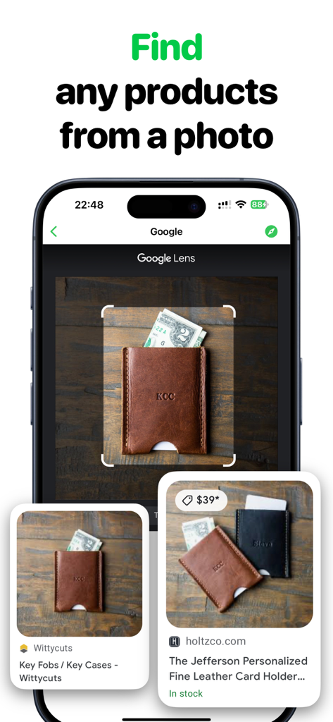 Smartphone screen showing the Search By Image app identifying a leather wallet with shopping results