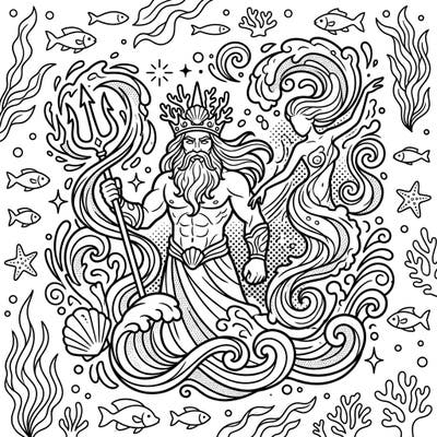 Explore the depths of mythology with this dynamic Pop Art coloring page featuring majestic Sea Gods and enchanting ocean spirits. Its bold lines and halftone patterns offer a unique canvas for your creative coloring journey.