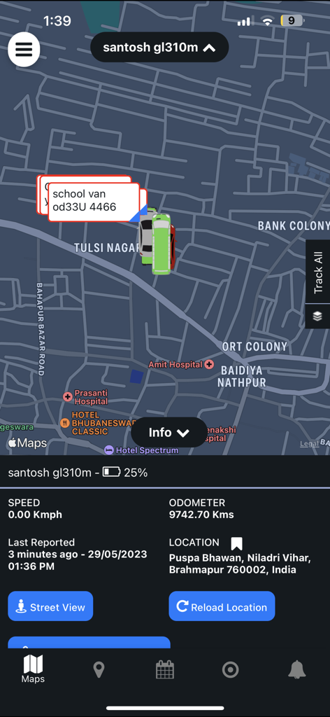 Amcrest GPS Pro app interface showing real time vehicle tracking and location details on a map