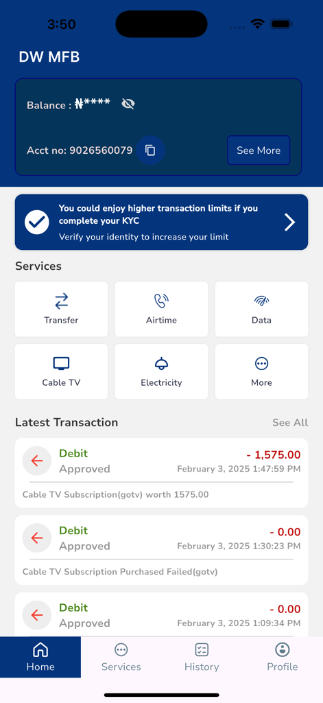 DW MFB - DW MFB mobile app dashboard showing account balance services and recent transactions