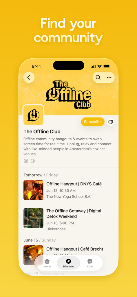 Luma app screen displaying a community profile for The Offline Club with a list of upcoming local events