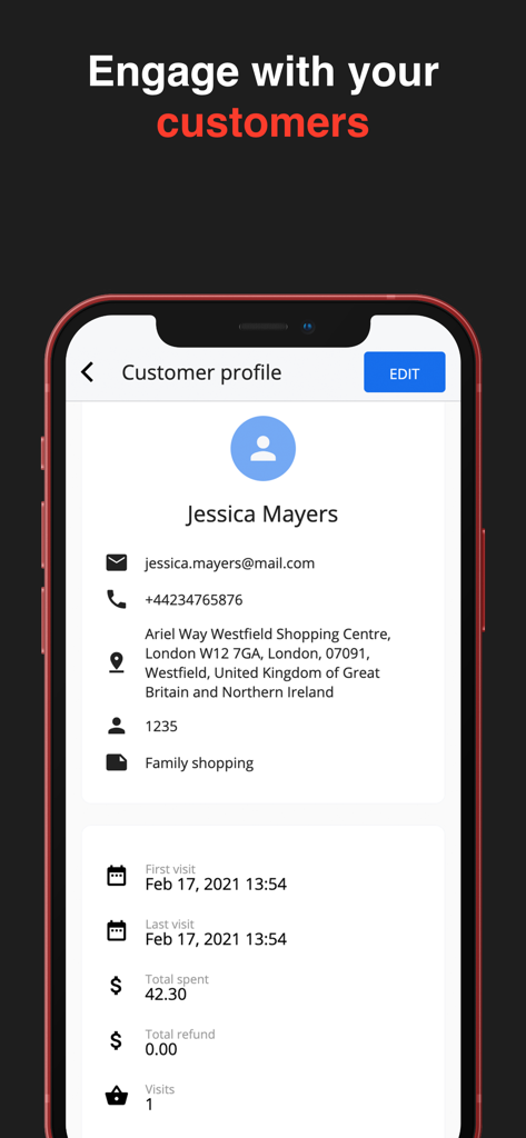 Alto’s POS & Inventory System - Écran du profil client dans l'application Alto POS montrant les informations de contact et l'historique des achats