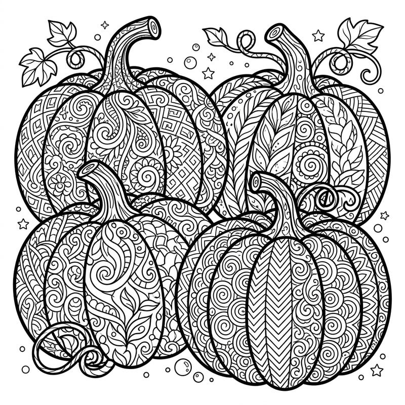 Discover the unique charm of white pumpkins adorned with mesmerizing Zentangle patterns. This intricate design offers a calming and creative escape for all coloring enthusiasts.