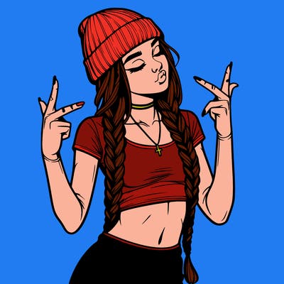 realistic teenage girl with braids and a beanie and crop top doing 🫶🏼