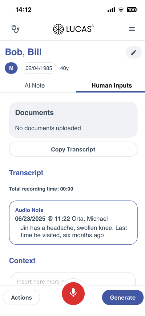 LucasAI - LucasAI app screen showing a patient transcript and human input section for medical documentation.