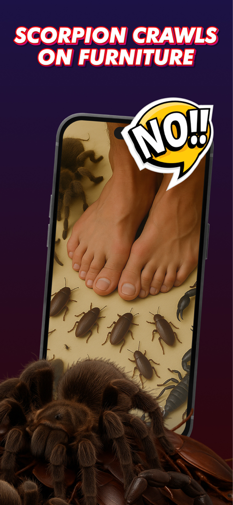 Aplicación de filtro AR mostrando arañas y cucarachas digitales arrastrándose por los pies de una persona en el suelo