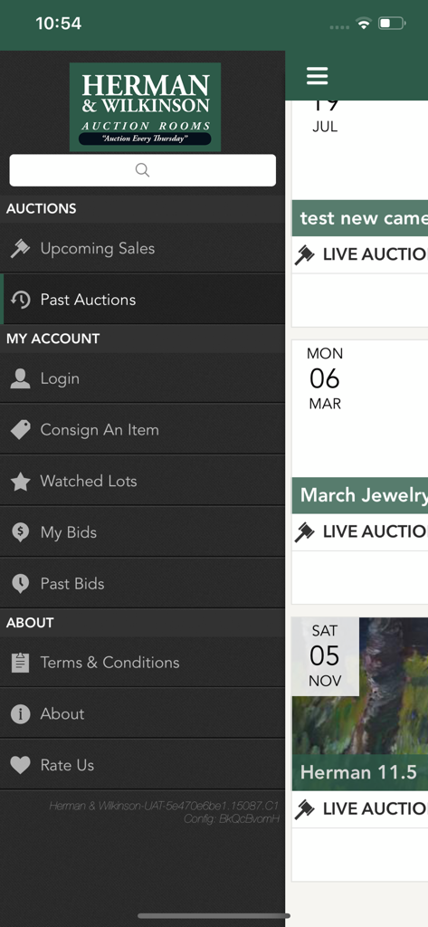 Herman's auction app side menu showing navigation options for upcoming sales and user account settings.