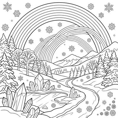 Discover a breathtaking winter landscape featuring a unique blend of snow-capped peaks, glistening crystals, and arcing monochrome rainbows. This enchanting coloring page promises a truly magical artistic adventure.