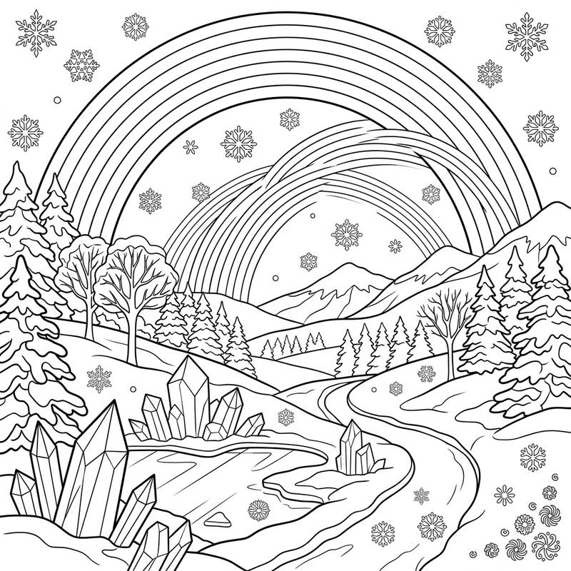 Discover a breathtaking winter landscape featuring a unique blend of snow-capped peaks, glistening crystals, and arcing monochrome rainbows. This enchanting coloring page promises a truly magical artistic adventure.