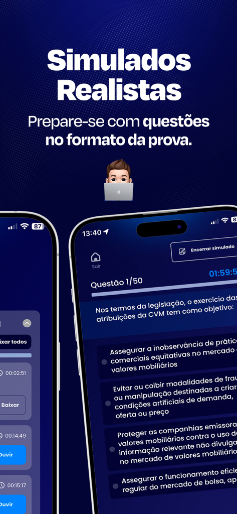 Certificações Edgar Abreu - Tela do aplicativo móvel mostrando simulados realistas de certificação financeira e uma questão de múltipla escolha.
