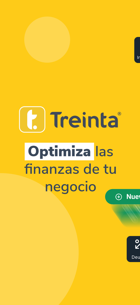 Interfaz de la app Treinta mostrando optimización financiera del negocio en español