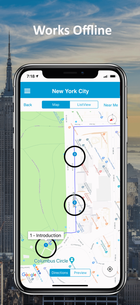 New York City GPS Audio Tour - Smartphone showing the New York City GPS audio tour app map interface with the text Works Offline above it