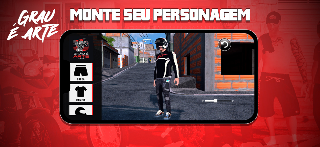 Grau é Arte Online - Tela de personalização de personagem no jogo mobile Grau é Arte Online mostrando opções de roupas e equipamentos para o piloto