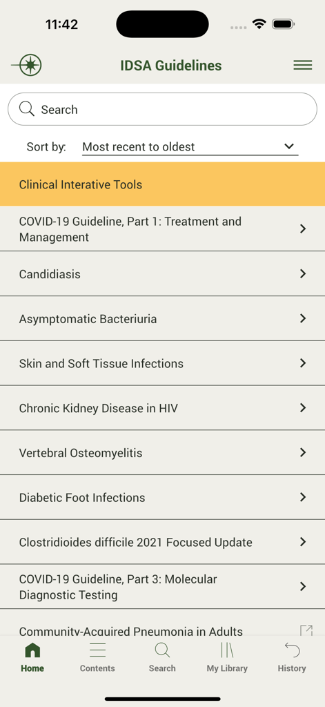 Home screen of the IDSA Practice Guidelines app showing a searchable list of clinical medical guidelines