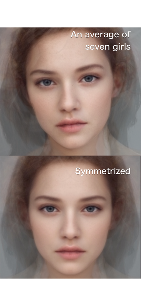 Average Face PRO - Comparación lado a lado de un rostro promedio compuesto de siete chicas y su versión simetrizada
