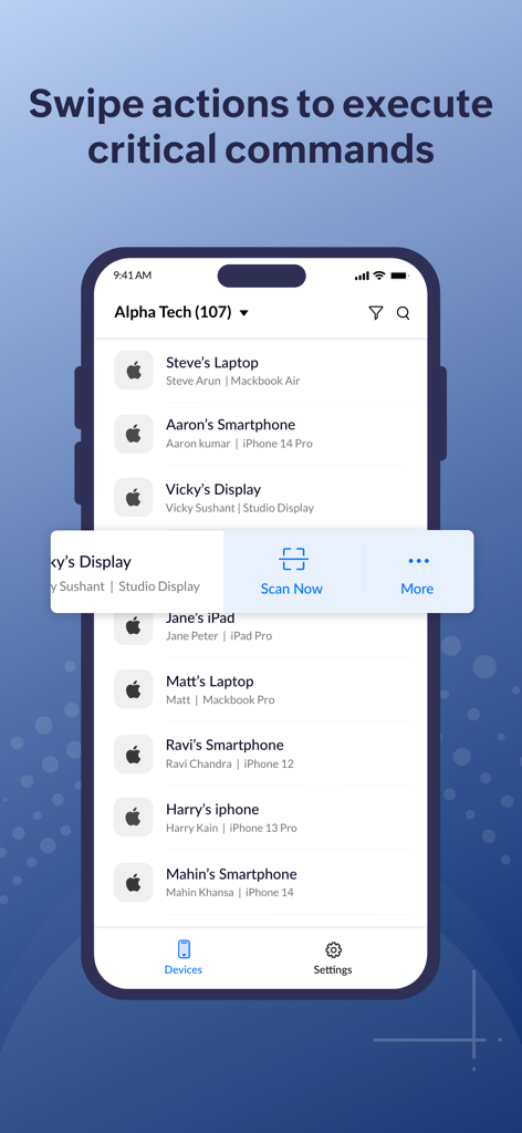 Interfaccia dell'app Mobile Device Manager Plus MSP che mostra gesture di scorrimento per eseguire comandi sui dispositivi gestiti