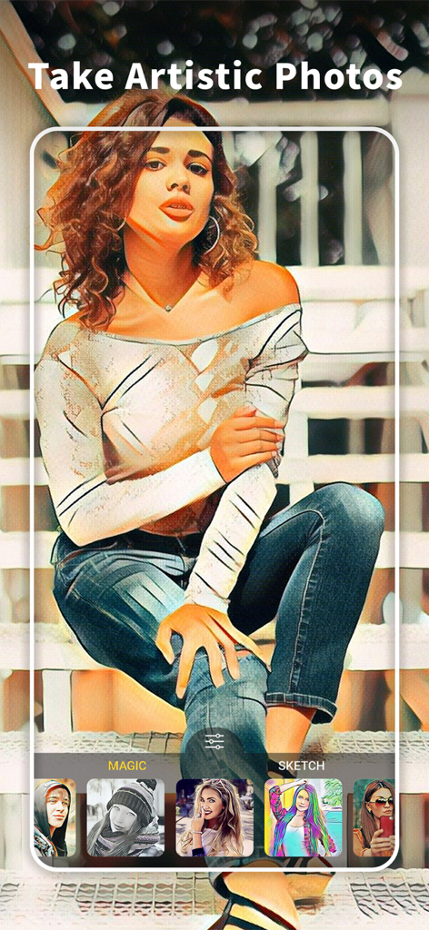 Una mujer sentada en escaleras con un filtro de caricatura artística aplicado usando la interfaz de la app ArtistA