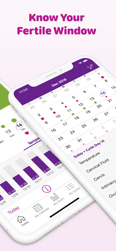 Una pantalla de iPhone mostrando la aplicación Sprout Fertility y Rastreador de Períodos con un calendario mensual y un gráfico de temperatura basal del cuerpo para identificar la ventana fértil.