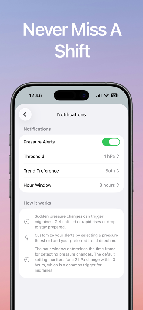 Notification settings screen for pressure alerts in the Barometric Pressure Today app.