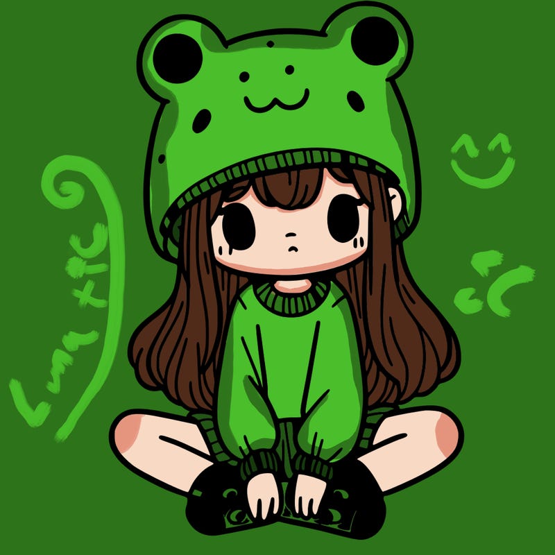 a girl wearing a frog hat and some frog socks