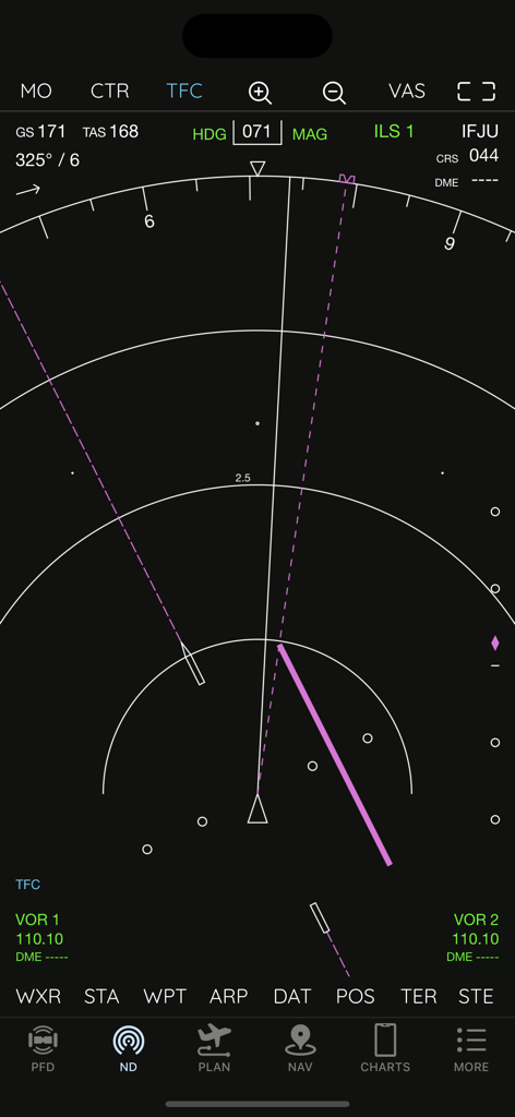 AirTrack NG Boeing 737 style navigation display showing flight data
