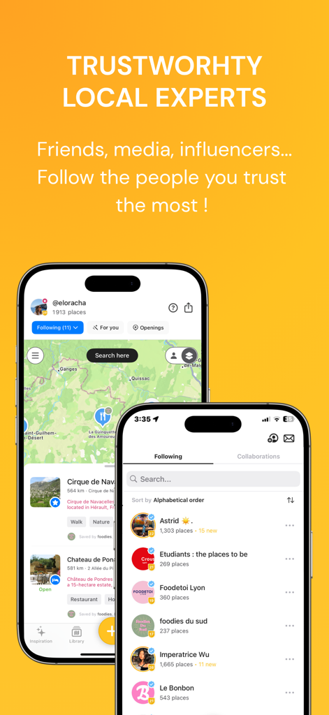 Mapstr – Save & Follow Places - Two mobile screens of Mapstr app showing the following list of local experts and a map with curated place recommendations.