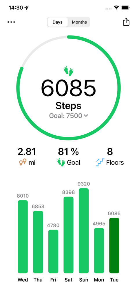 Dashboard of the Running Walking Tracker Goals app showing daily steps mileage and a weekly activity bar chart