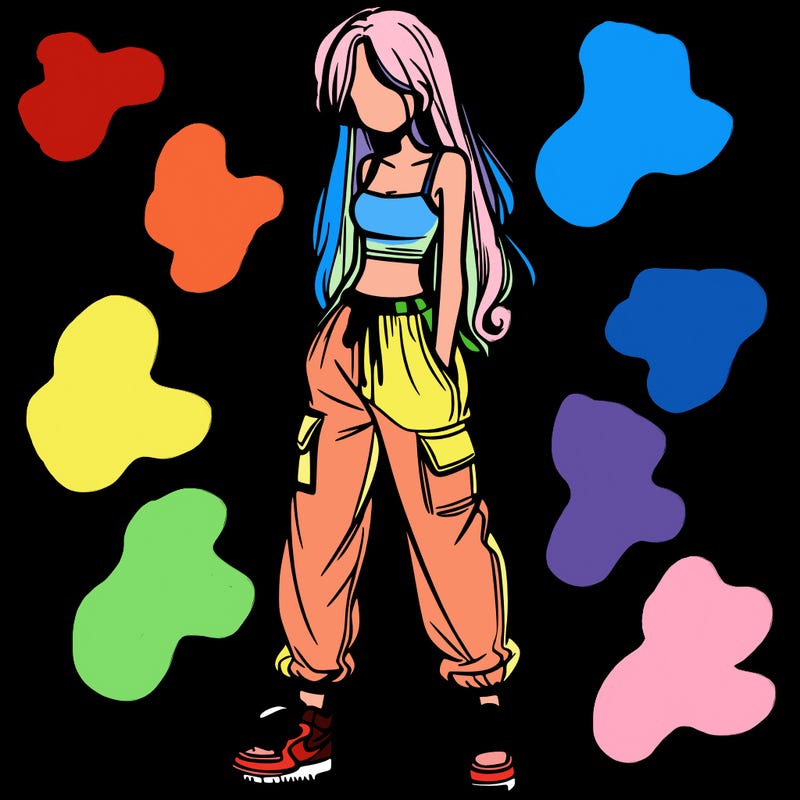 girl in baggy pants crop top and long hair