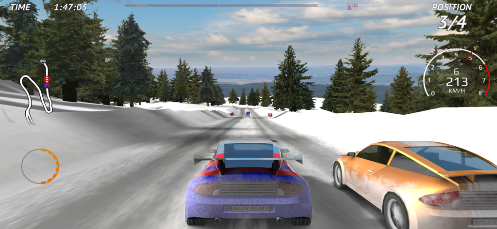 Two rally cars racing on a snowy track with pine trees and mountain scenery