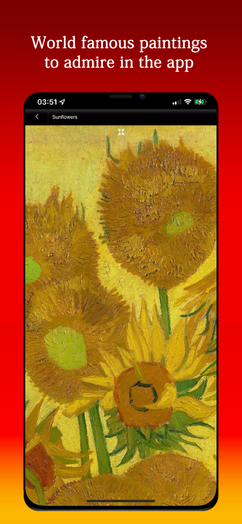 National Gallery Audio - National Gallery Audio app displaying a high resolution close up of Van Gogh Sunflowers painting