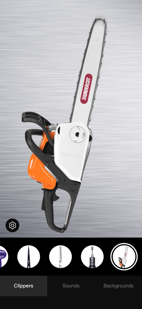 Hair Clippers & Razor Prank! - Interfaz de la aplicación Broma de Cortapelos y Cuchillas de Afeitar que muestra una herramienta de efecto de sonido de motosierra realista.