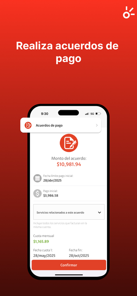 Mi Claro -República Dominicana - Mi Claro Dominican Republic app screen showing a payment agreement interface with installment details and a confirmation button