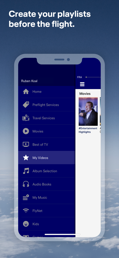 LH Entertainment mobile app menu showing entertainment categories and pre-flight playlist feature.
