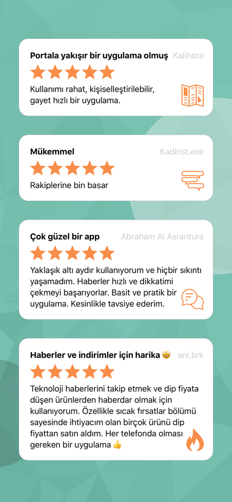 A collection of five star user reviews and testimonials for the DonanimHaber technology news mobile app