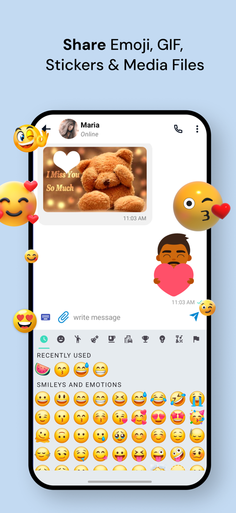 Private Message Box app interface showing emoji keyboard and media sharing features