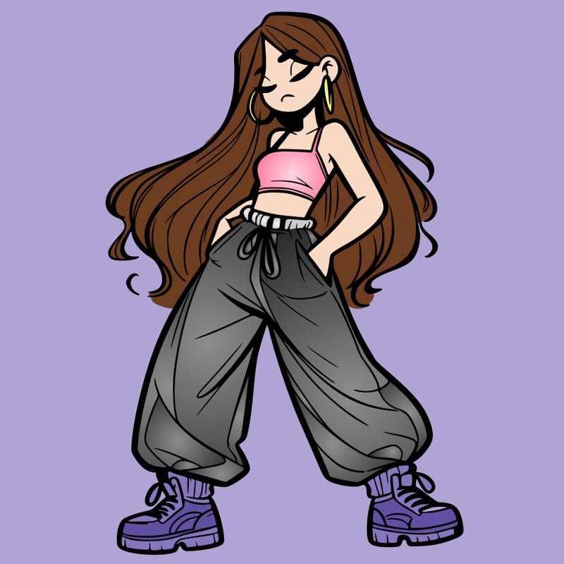 girl in baggy pants crop top and long hair
